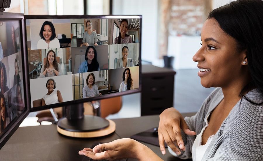 Woman joining video call with others