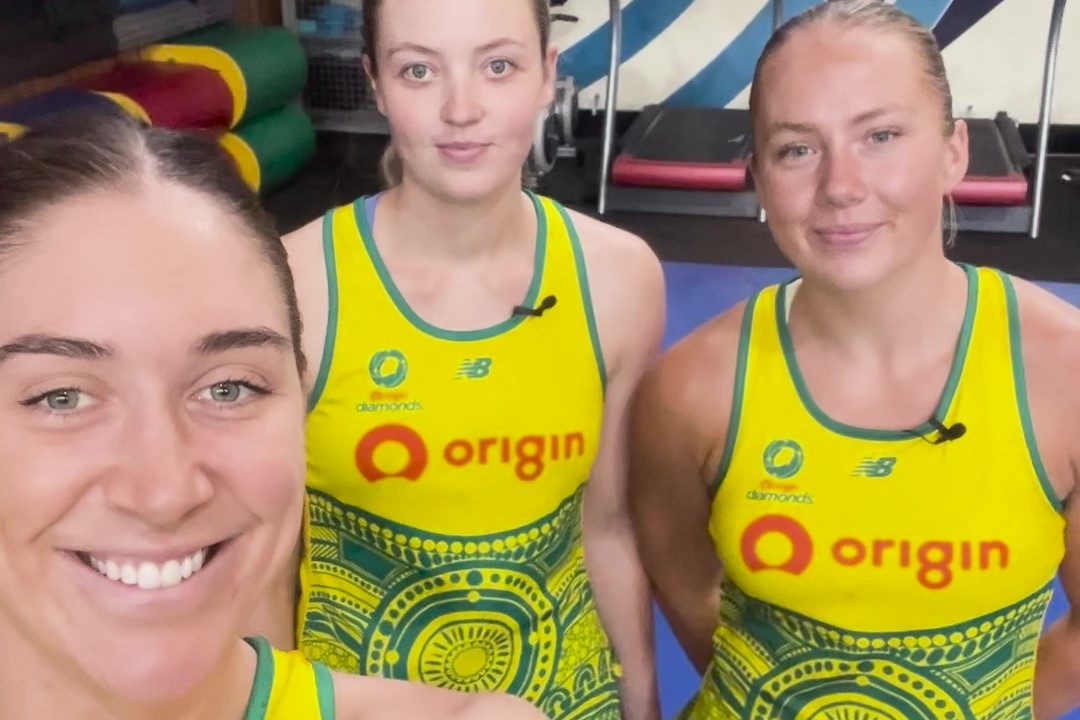 Aussie Diamonds players Matilda Garrett, Sophie Dwyer and Hannah Mundy.