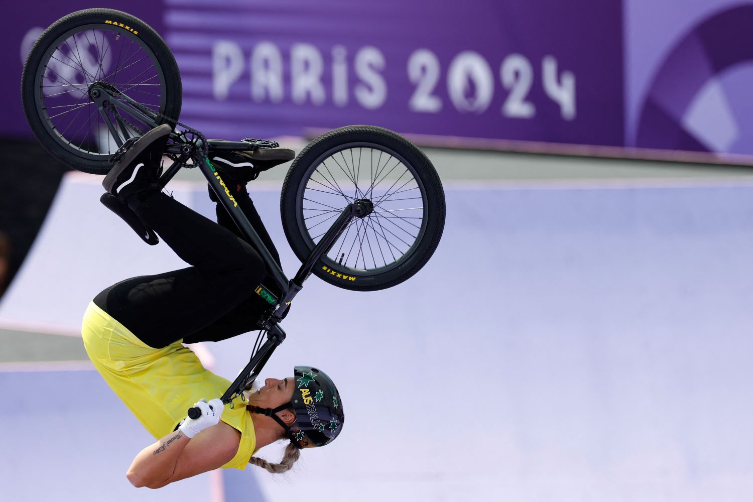 Natalya Diehm in the BMX Freestyle Women's Park Final at the Paris 2024 Olympics. 